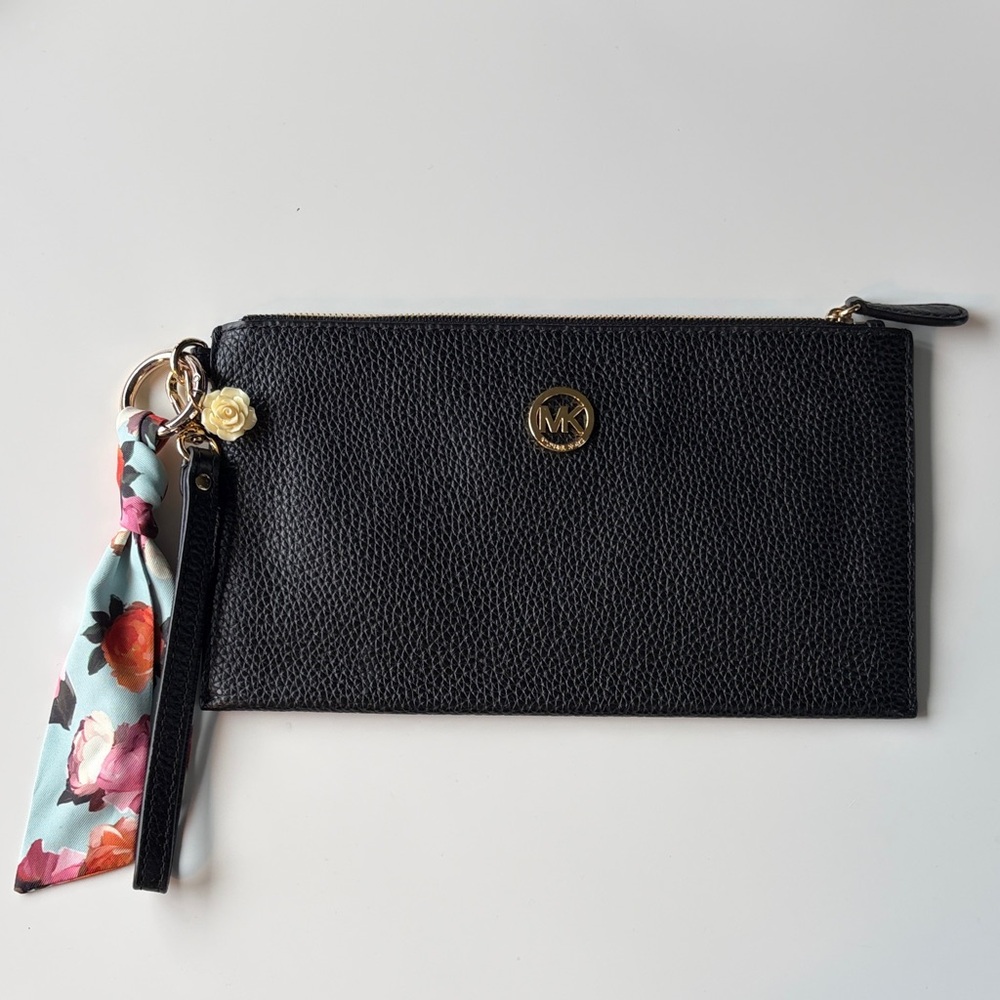 Michael Kors Black Pebbled Leather Wristlet Clutch with Floral Scarf
